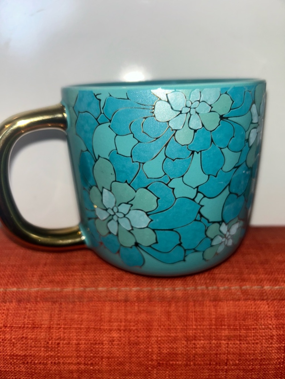 Turquoise Floral Ceramic Mug Set with Gold Handles - Set of 2 - Picture 3 of 5